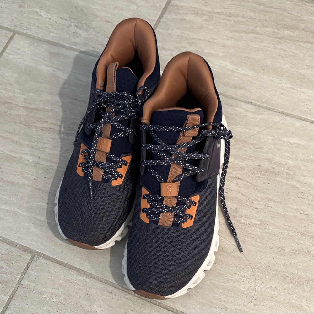 On Running Navy and Brown Athletic Shoes
